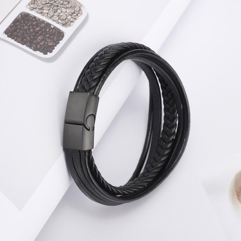 Murtoo Mens Leather Bracelet with Clasp Cowhide Multi-Layer Braided Leather Mens Bracelet - Image 4